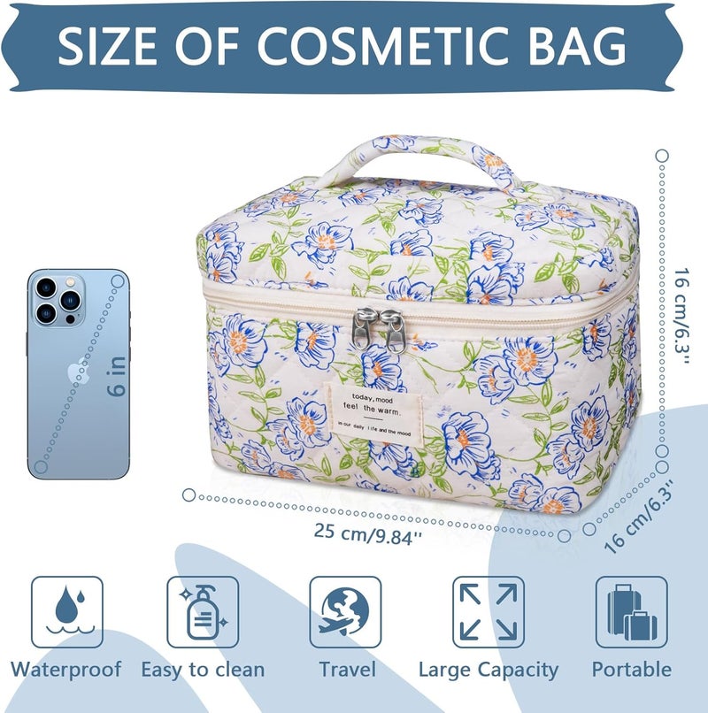 Gosect Large Makeup Bag, Cute Cosmetic Bag for Women Girls, Floral Coquette Aesthetic Toiletry Bag, Travel Make Up Organizer Bag (light blue) - Image 2